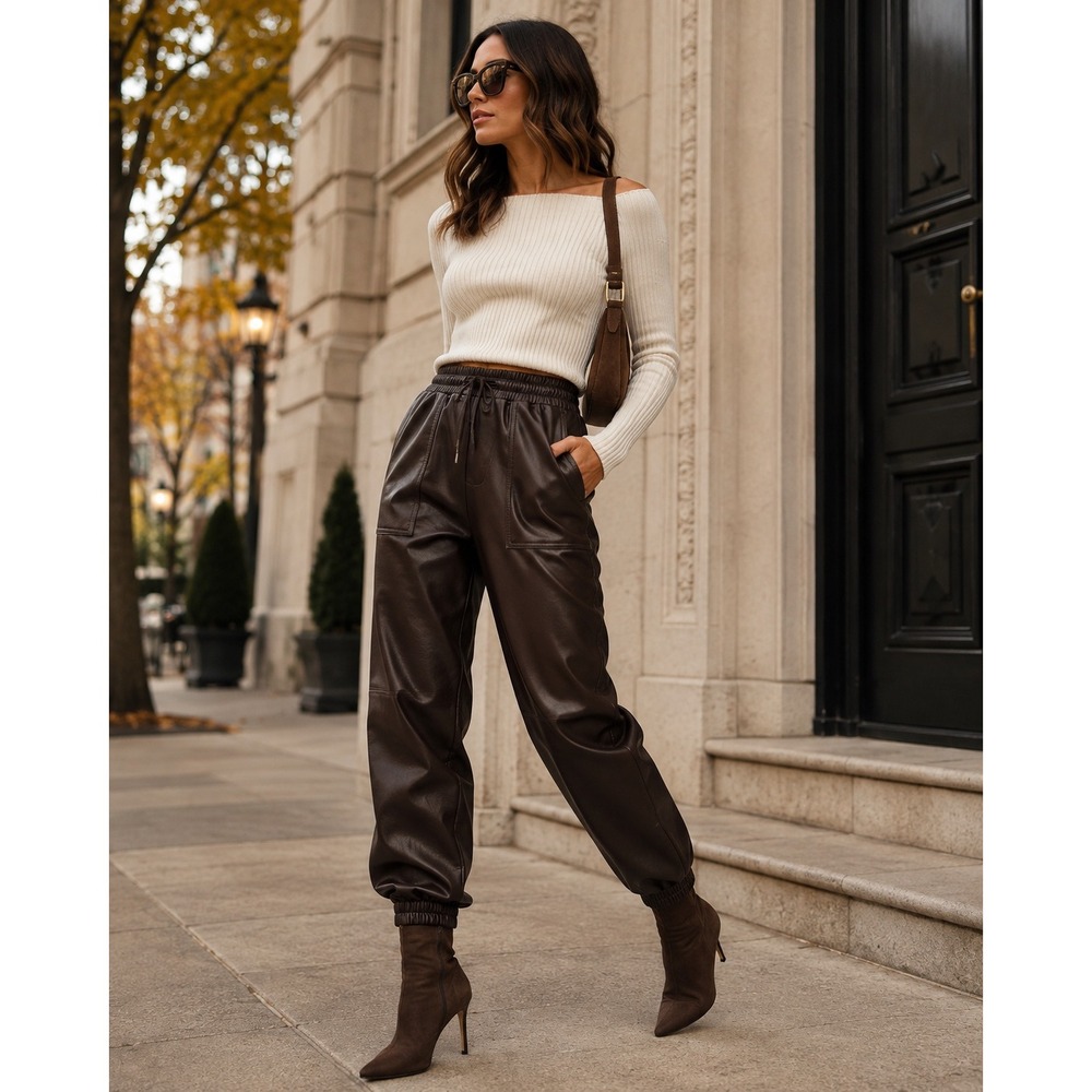 BCBG‎ Faux Leather Jogger Pants XS Chocolate Brown High Rise Utility Y2K Street